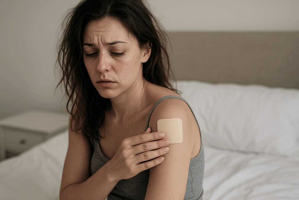 Woman struggling with a hangover putting a hangover patch on her shoulder