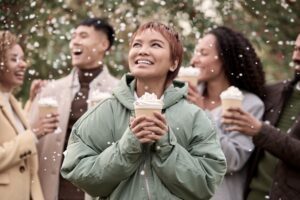 Woman enjoying hot chocolate with her friends after rehab in Redlands CA