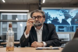 Male functioning alcoholic drinking alcohol while at work in the office